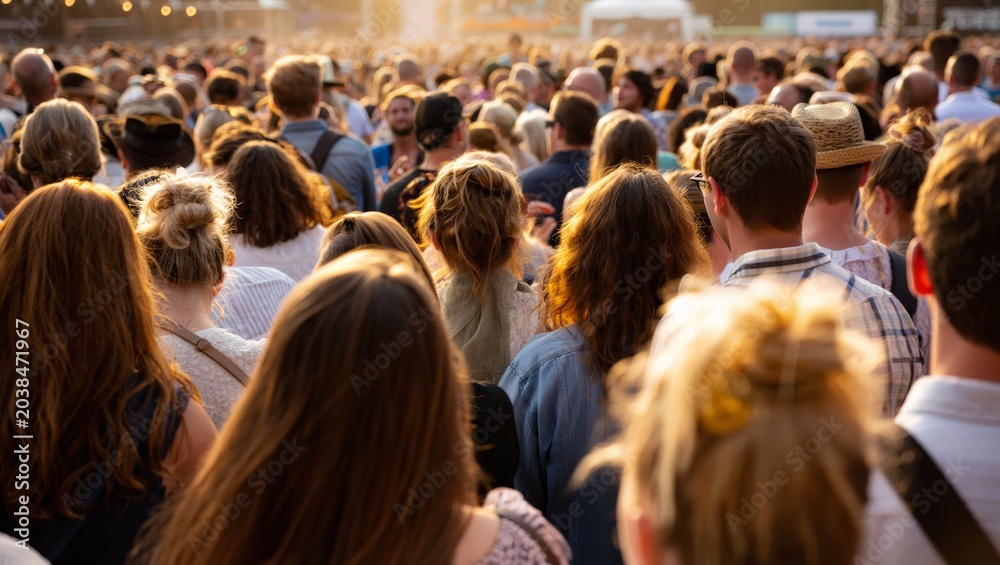 Obraz premium A large crowd of people gathered together in a busy urban setting at sunset, enjoying an event or festival, with a sense of excitement and community