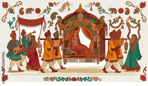 Canvastavla Trendy bridal palanquin vector bundle South Asian folk art wedding procession il
