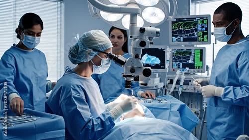 Diverse surgical team performs complex operation using advanced medical technology.