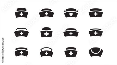 Nurse Cap Silhouette Icon Set with Medical Cross Symbols and Healthcare Headwear Designs