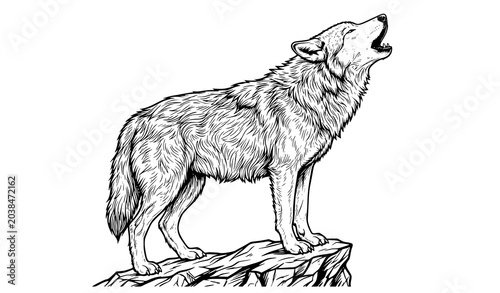 Photos Hand drawn howling wolf line art vector realistic black white animal design