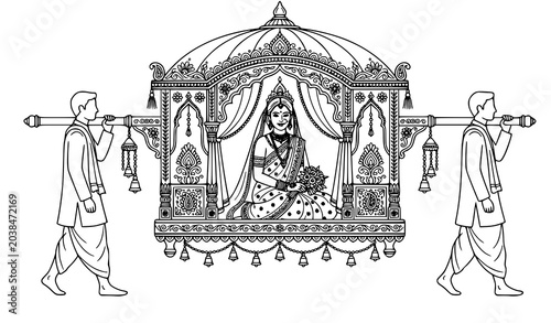 Canvas Print Modern Bengali bride palanquin vector illustration wedding cultural line art out