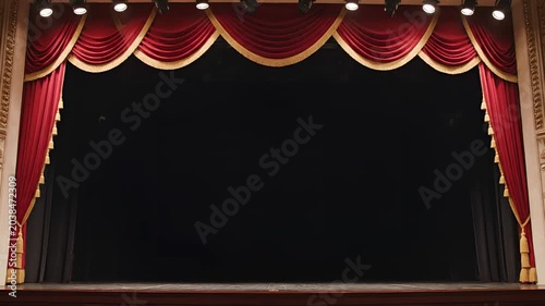 Elegant Red Theater Stage Curtains Open to Blackness.