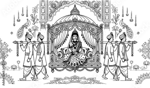 Billede på lærred Trendy Bengali bride palanquin vector bundle minimalist cultural wedding outline