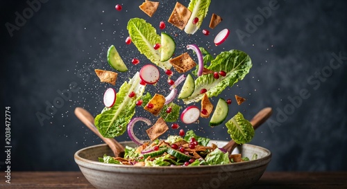 Fresh Levantine Salad Ingredients Flying Above Bowl