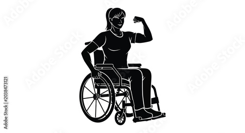 Foto woman in wheelchair flexing bicep muscle athletic empowerment black and white si