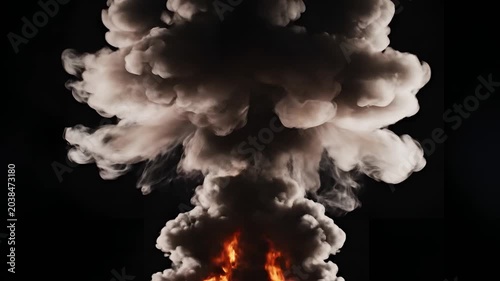 Massive Mushroom Cloud Explosion Smoke Fire Black Background.
