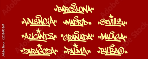 Bild auf Leinwand Set ten spain city graffiti tag graphic displaying spanish Europe travel landmark pack bundle text for positive vibe sticker overlay urban hip hop subculture streetwear apparel clip art