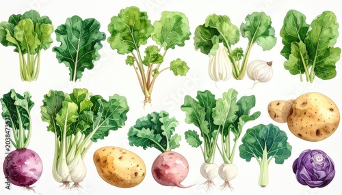Collection of Fresh Root Vegetables and Leafy Greens.