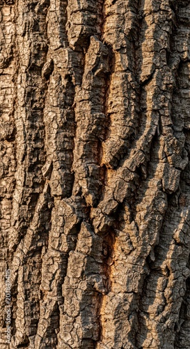 A stunning detailed close-up of the rough, protective bark of a mature cork oak tree, showing deep fissures and organic patterns, thick, material, raw