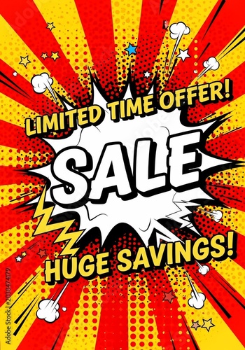 Explosive Sale! Limited Time Offer: Huge Savings! Vibrant comic art bursts with bold red & yellow, announcing a major deal.