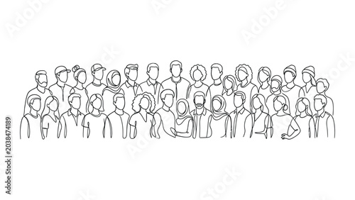 Continuous one line drawing of a diverse crowd of people standing together.