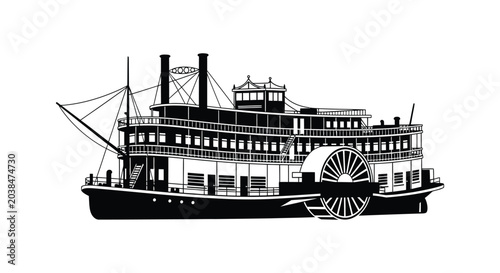 Photos Detailed silhouette of a vintage paddle steamer boat on a white background silho