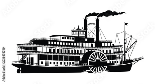Photos Detailed silhouette of a vintage paddle steamer boat with smokestacks on white b