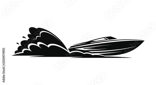 Photos speed boat silhouette with water splash on a white background silhouette