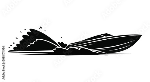 Fotografija speed boat silhouette with water splashes and spray black and white silhouette