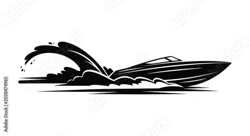 Tableau sur toile speed boat silhouette with water splash and dynamic waves black and white silhou