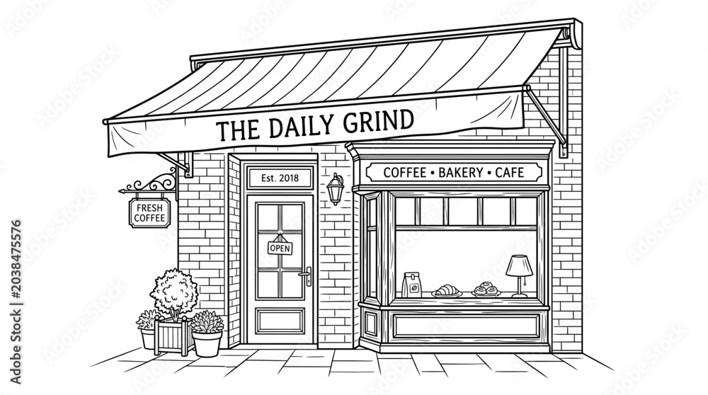 Fototapeta premium Hand drawn illustration of a charming coffee shop exterior.