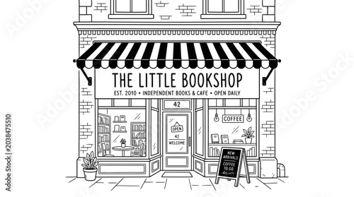 Hand drawn illustration of a charming independent little bookshop storefront with cafe.