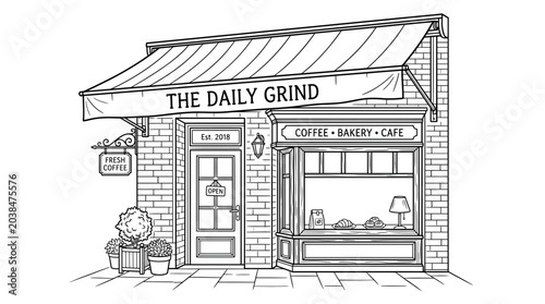 Hand drawn illustration of a charming coffee shop exterior.