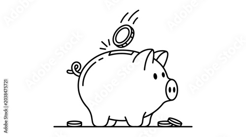 Foto Minimalist outline drawing of a piggy bank with falling coins.