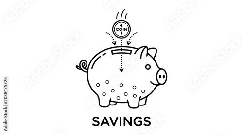 Obraz na plátne Minimalist hand drawn line art illustration of a piggy bank with coin