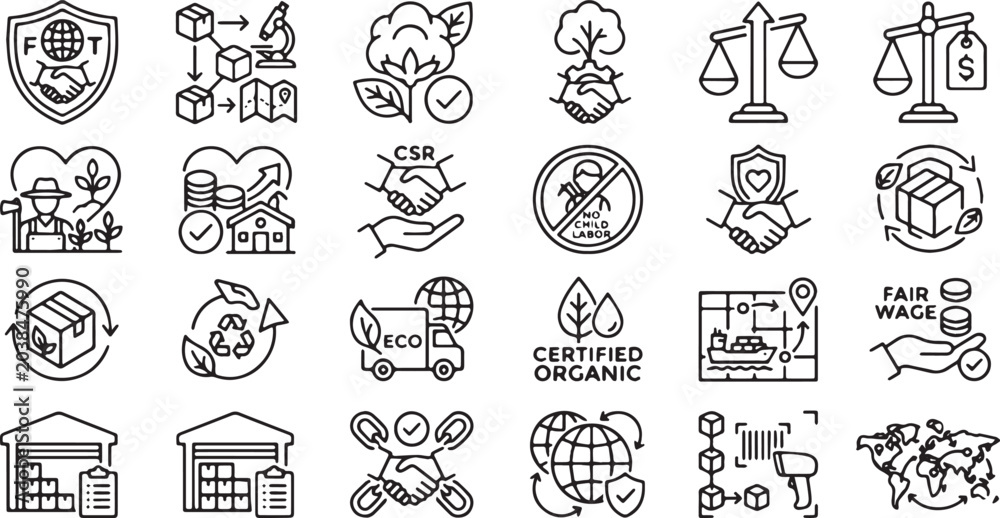 Fototapeta premium Fair trade logistics and sustainable supply chain vector icon set, minimalist monoline line art symbols for ethical transport, global shipping, corporate social responsibility, and certified organic g