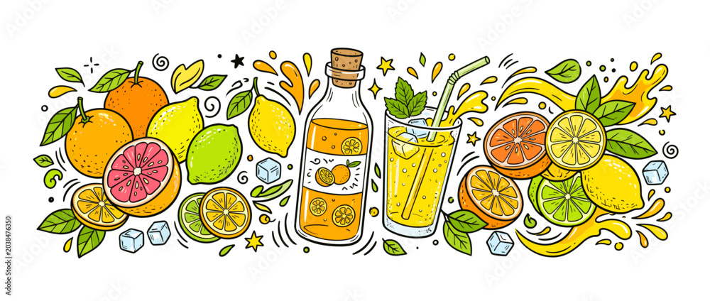 Obraz premium Citrus doodle with oranges, lemons, limes, mint and ice around a bottle and glass of orange juice and lemonade, splashing and conveying fresh, vibrant summer refreshment
