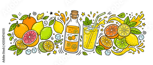 Citrus doodle with oranges, lemons, limes, mint and ice around a bottle and glass of orange juice and lemonade, splashing and conveying fresh, vibrant summer refreshment