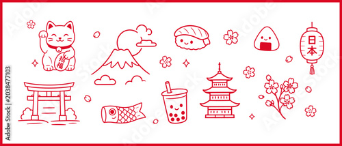 Cute Japan kawaii doodle collection with sushi, sakura and lucky cat elements. Ideal for posters, stickers and travel designs.