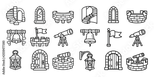 Medieval and castle design icons with towers, doors and bells for children's coloring picture in outline style