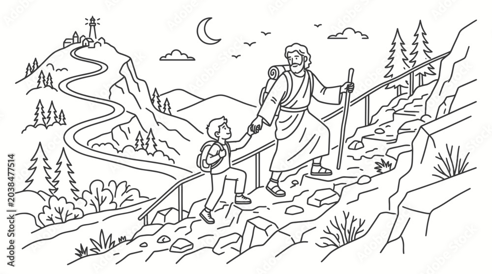 Obraz premium Jesus Christ guiding a young child up a mountain path.