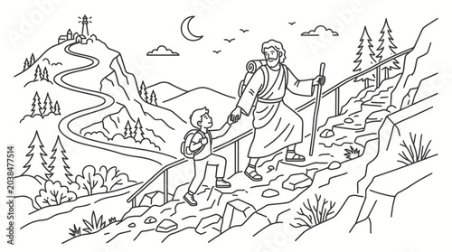 Vászonkép Jesus Christ guiding a young child up a mountain path.