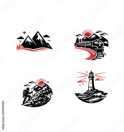Vector style set of icons and landscapes on travel theme.