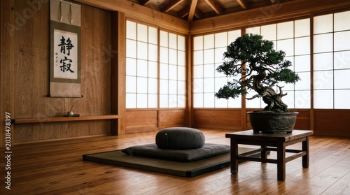 Serene Japanese Zen Room with Bonsai Tree