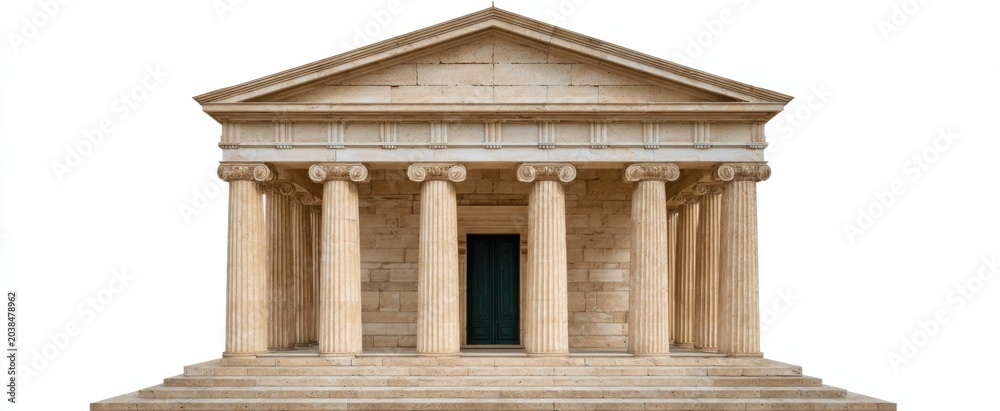 Naklejka premium Isolated Greek temple featuring a Doric facade in beige limestone on a white background