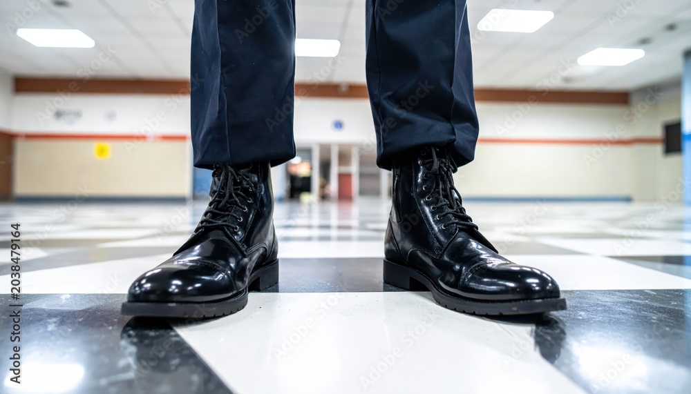 Fototapeta premium Close-up of shiny polished black police officer boots on a checkered floor