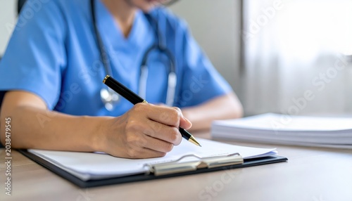 Close-up view of a nurse in blue scrubs writing notes with a black pen on a patient chart with a stethoscope around their neck