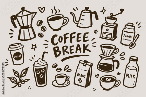 Fotografía Coffee Break Doodle Sketch Set Vector