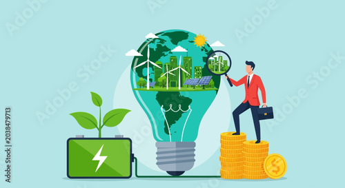 Businessman with eco friendly light bulb on stack of coins, sustainable finance concept, green energy
