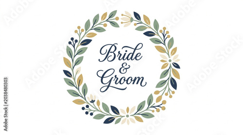 Tableau sur toile Bride and Groom floral wreath wedding invitation graphic.