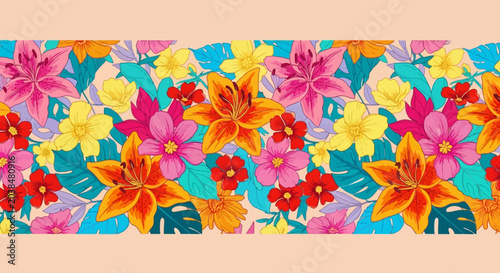 Photos Vibrant tropical floral seamless border pattern