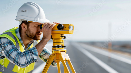 A surveyor engineer takes measurements during road construction using a yellow surveying level on a tripod.
