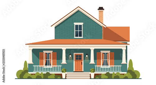Fotografie Teal house with white trim and orange roof, suburban home illustration