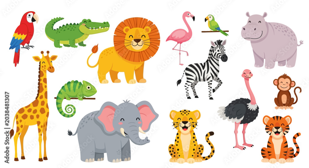 Obraz premium Colorful zoo animals, safari icons, wildlife illustrations, educational background