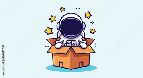 Tableau sur toile Cute astronaut character sitting inside a cardboard box surrounded by stars