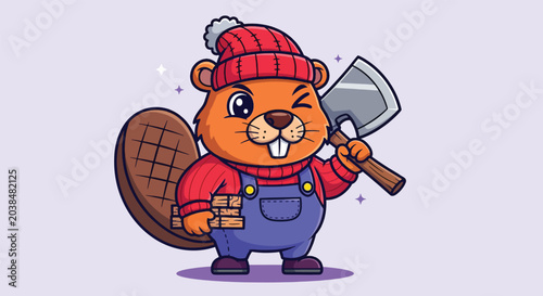 Cute cartoon beaver lumberjack character holding an axe and wearing a red beanie and blue overalls.