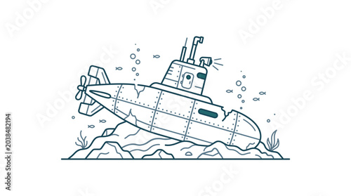 Schilderij op canvas Cartoon illustration of a submarine resting on the seabed.