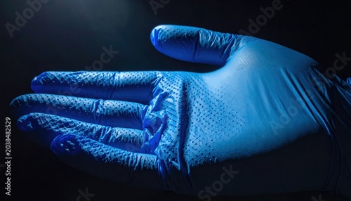 Close-up on the intricately textured blue nitrile glove, showcasing its detailed surface and protective qualities