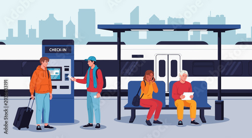 Foto People waiting at train station with check-in machine, cityscape background, tra